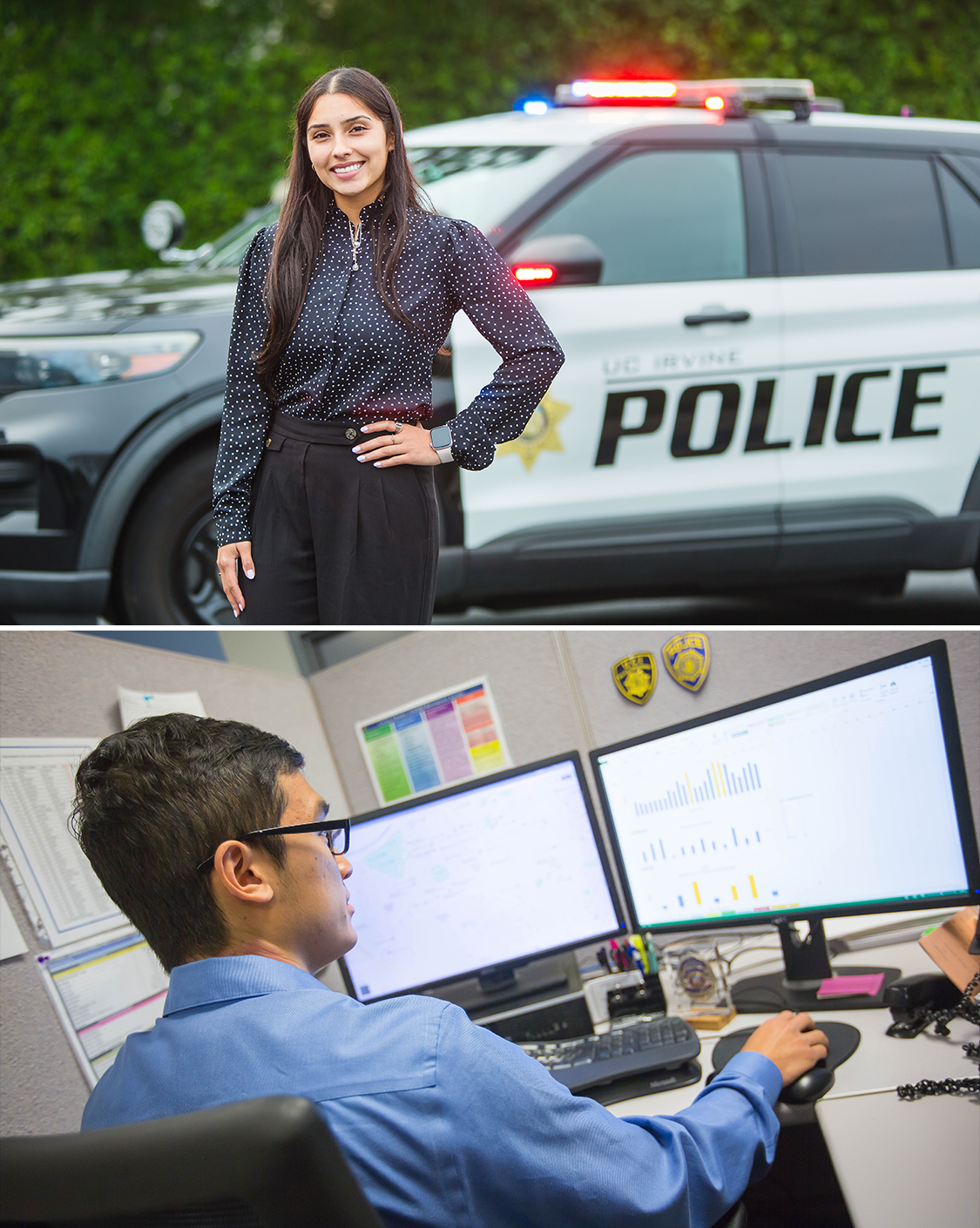 A dual photo of an intern smiling for the camera in front of a police car with it's red and blue lights activated. second photo shows a male intern working at the computer.