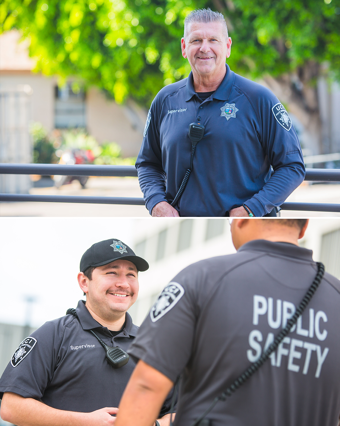 Public safety supervisor smiling while chatting with his team of public safety responders.